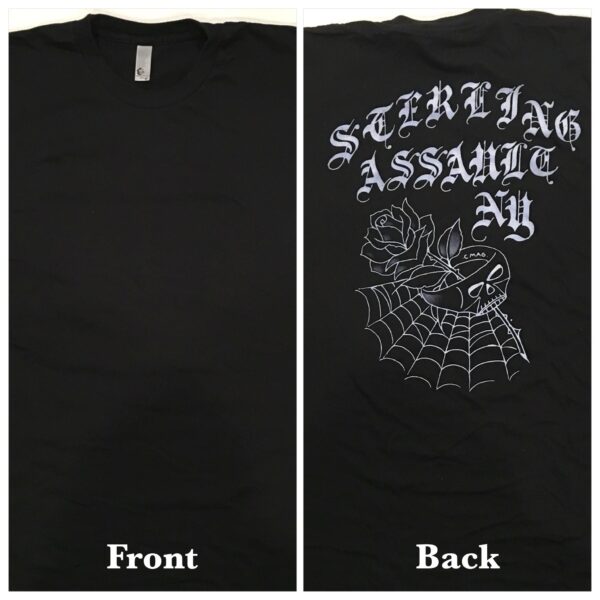 Black t-shirt with white gothic text and spider web design on back.