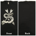 Black t-shirt with a white artistic tribal design on the front and plain back.