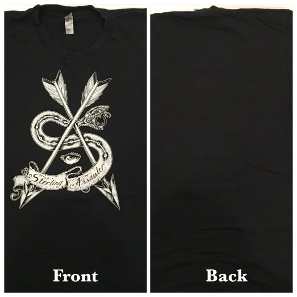 Black t-shirt with a white artistic tribal design on the front and plain back.