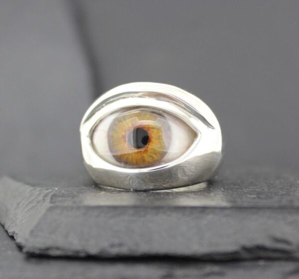 A silver ring with an amber eye design.