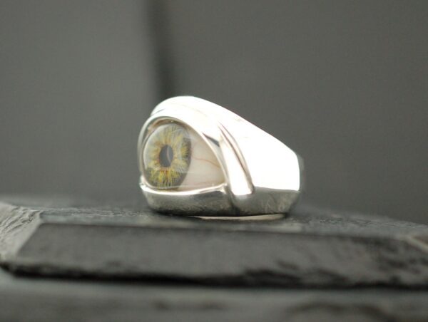 A silver ring featuring a realistic eye design.