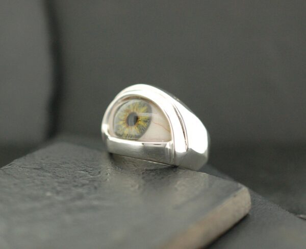 A silver ring with a round, light-colored stone set in it.