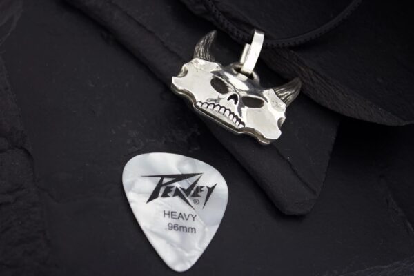 Silver skull pendant with a guitar pick labeled 'Peavey Heavy Metal'.