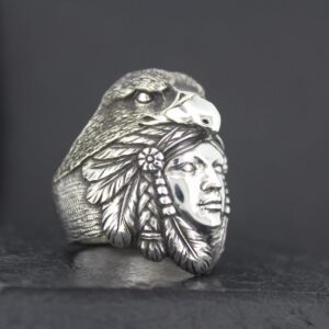 Silver ring with Native American chief and eagle design.