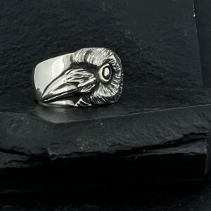 Silver ring featuring a detailed ram skull design.