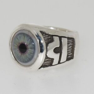 Silver ring with a detailed blue eye design on top.