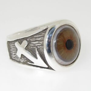 A silver ring featuring a realistic eye design and an arrow symbol.
