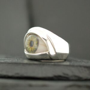 A silver ring featuring a realistic eye design.